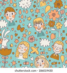 Childish spring cartoon seamless pattern with boys, girls, love, rabbit, butterflies, birds, clouds and flowers. Seamless pattern can be used for wallpapers, pattern fills, web page backgrounds,.