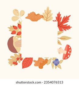 Childish square frame template with floral and forest elements. Suitable for social media posts. Vector autumn background. Suitable for social media posts, kids design.