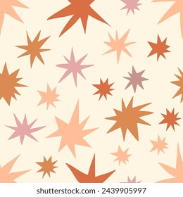 Childish stars in the sky space vector seamless pattern. Peach fuzz colors. Boho baby naive celestial starry background. Stellar decorative surface design for fabric or Scandinavian style nursery.