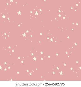 Childish stars in the sky space vector seamless pattern. Boho baby naive celestial starry vector background. Kids like stellar pink surface design for fabric or Scandinavian style nursery