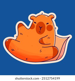 Childish sticker with kawaii capybara on pillow.