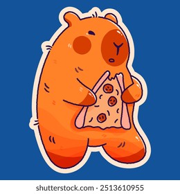 Childish sticker with kawaii capybara and pizza