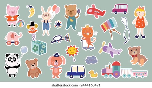 Childish stickers collection with cute animals and toys, decorative design