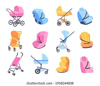 Childish strollers. Different baby buggies and car seats, blue pink and yellow perambulator or booster chair, kids carriages cradles, transformers and universal vector cartoon isolated set