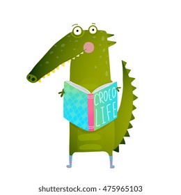 Estudiante infantil leyendo libro y estudio de cocodrilos. Feliz diversión acuarela, educación animal para niños ilustración de caricaturas. Dibujo vectorial.