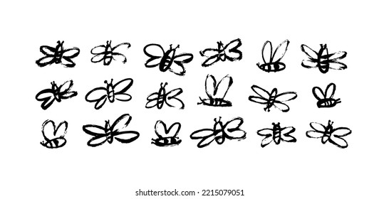 Childish style bees illustrations isolated on white background. Brush drawn abstract black flying bees. Random black and white butterflies silhouettes. Vector trendy simple insects. 