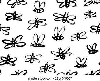 Childish style bees seamless pattern. Brush drawn abstract black flying bees. Random black and white butterflies silhouettes pattern. Trendy animal motif vector ornament. Simple insects. 