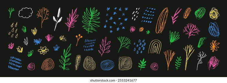 Childish style doodles. Bright color outlined chalk trees, clouds, rainbow, flowers, snow and rain. Hand drawn graffiti abstract symbols. Various vector pastel kindergarten art season weather elements