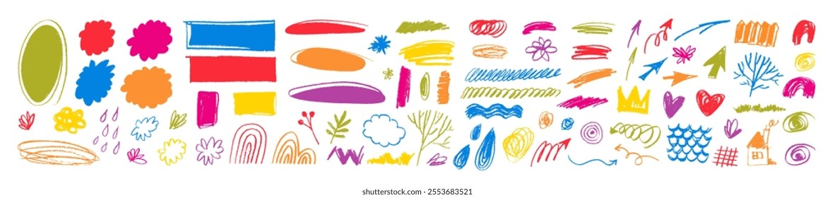 Childish style doodles. Bright color outlined chalk trees, clouds, rainbow, flowers, snow and rain. Hand drawn graffiti abstract symbols. Various vector pastel kindergarten art season weather elements