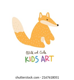 Childish style drawing. Hand drawn colorful cute fox illustration