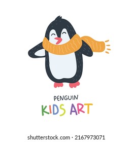 Childish style drawing. Hand drawn colorful cute penguin illustration