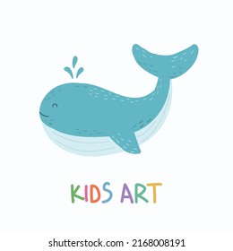 Childish style drawing. Hand drawn colorful cute whale illustration