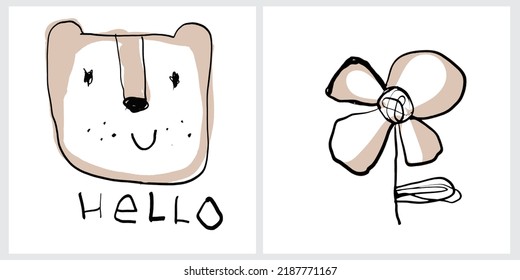 Childish Style Drawings with Flower and Bear on a White Background. Cute Hand Drawn Nursery Vector Arts with Head of Teddy Bear, Handwritten Hellow and Simple Daisy. Cool Prints for Kids. Naive Art.