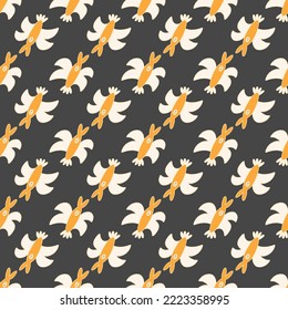 Childish style fantastic bird seamless pattern on dark background.  Hand drawn vector illustration.
