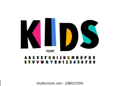 Childish style font design, playful alphabet letters and numbers vector illustration