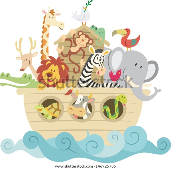 Childish style illustration\
of Noah\'s ark on the ocean waves and full of animals aboard (Lion,\
Chameleon, giraffe, zebra, deer, alligator, toucan, cow, monkey,\
snake).