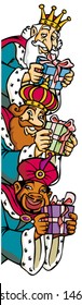 Childish style illustration of the three wise men from the east, peering behind an invisible wall holding a gift with a bow each.