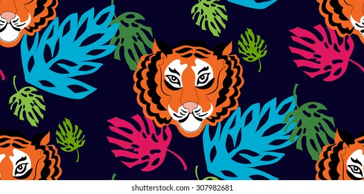 Childish style jungle seamless pattern. Tiger and tropical leaves in vector. 