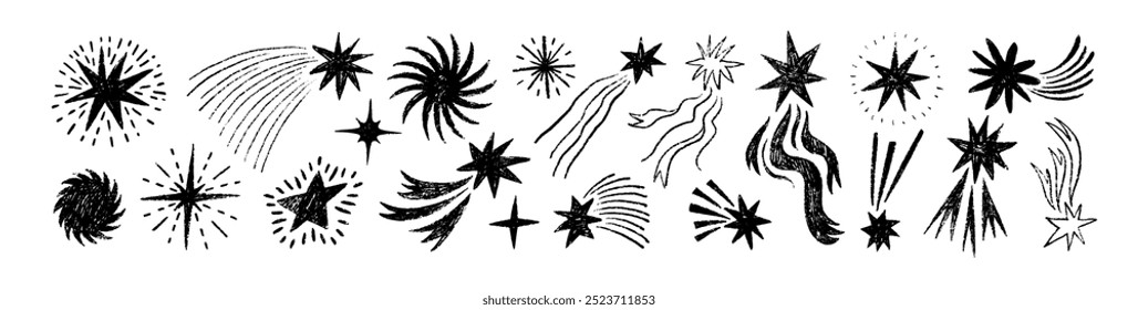 Estilo infantil de meteoroide, cometa e asteroide desenhado com um lápis de cera. Estrelas desenhadas à mão estilo esboço com caudas. Símbolos de rabiscar no céu noturno, figuras de estrelas com textura. Sinais vetoriais de efeito de brilho abstrato.