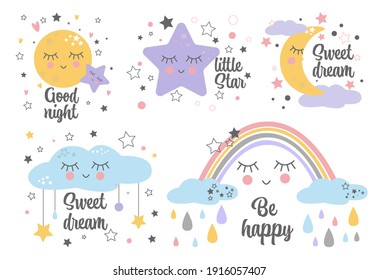 Childish style pink color Perfect for fabric print logo sign cards banners . Set of posters yellow sleepy moon pink star cloud for baby room decoration Kids wall art design Vector illustration.