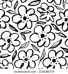 Childish style simple black flowers with leaves. Charcoal drawing flowers. Hand drawn vector seamless pattern. Botanical motif ornament. Poppies, chamomile, peony and daisy. Black sketch