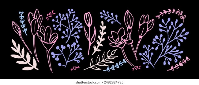 Childish style simple multicolored flowers lilly with leaves. Charcoal drawing flowers.  Botanical motif ornament lilly. 