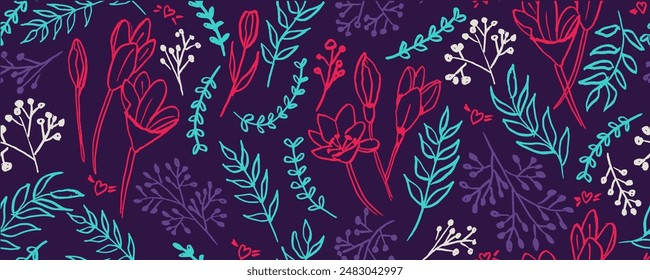 Childish style simple multicolored flowers lilly with leaves. Charcoal drawing flowers.  Botanical motif ornament lilly. 