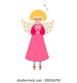 Childish stylish card in vector. Cute cartoon Angel with flower. 