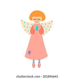 Childish stylish card in vector. Cute cartoon angel with ice-cream. 