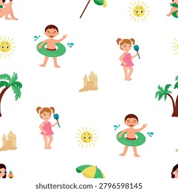 Childish summer holiday seamless background with little boy, girl, sandcastle, sun, and palm tree.