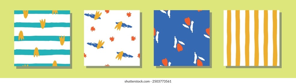 Childish summer pattern set with abstract flowers and stripes.  Vector illustration. No AI generated content in this pattern collection.