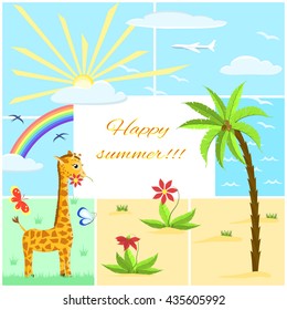 childish summer seamless pattern with giraffe, palm tree, flowers,  butterfly, seagull and sun   on square background, vector illustration
