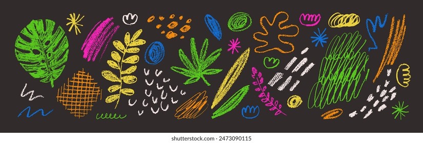 Childish summer vector charcoal scribble textures. Vector hand-drawn set. Chalk textured tropical jungle doodle shapes. Pastel smears, scrawls, scratches, dots. Kids crayon drawings, black background