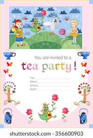 Childish tea party invitation with fairyland. Cute vector template.