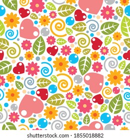 Childish textile vector seamless pattern with flowers and leaves, different colorful elements endless pattern background image.