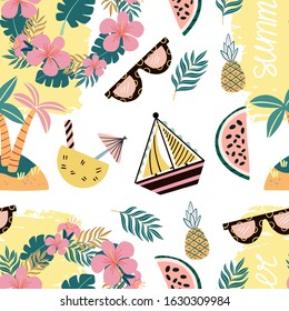 Childish texture for fabric, textile,apparel, print. Seamless cute pattern with hand drawn island,watermelon, sunglasses, pineapple, cockail, sun. . Cute summer vector objects background.