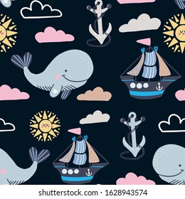 Childish texture for fabric, textile,apparel. Seamless cute pattern with hand drawn whale, clouds, sun, anchor, ship. Decorative cute wallpaper, good for printing. Cute sea vector objects background.