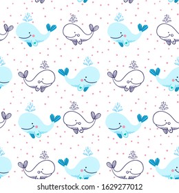 Childish texture for fabric, textile,apparel. Seamless cute pattern with hand drawn whale, dotted background. Decorative cute wallpaper, good for printing. Cute sea vector objects background.