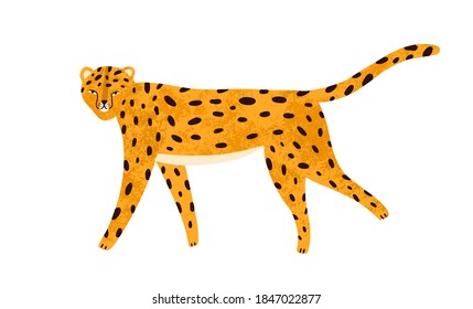 Childish textured portrait of walking leopard in scandinavian simple style. Cute jaguar or cheetah isolated on white background. Flat vector cartoon illustration of funny wild animal