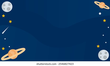 Childish theme space background with moon, meteors, ringed planets and cute little stars. vector illustration. Suitable for wallpaper, education, presentations, etc.