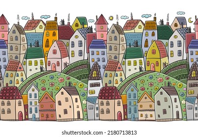 Childish town street landscape with houses on road. Cute city in scandinavian style. Cartoon village buildings, seamless pattern background. Illustration of town childish street with buildings