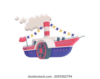 Ilustración vectorial plana del barco de vapor de juguete infantil aislada en fondo blanco. Dibujo colorido de dibujos animados de festiva decoración con banderas de vapor marino.