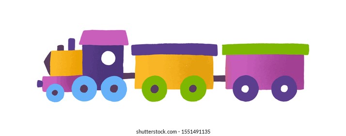 Childish toy train with wagons vector illustration. Colorful railway transport isolated on white background. Cute hand drawn railroad vehicle. Children plaything, multicolor locomotive.