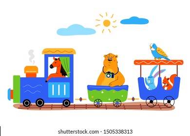 Childish train with cute animals flat vector illustration