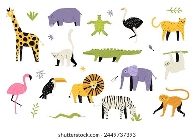 Childish trendy animals. Abstract naive geometric shapes of kids, cute funny baby zebra hippo lion giraffe tiger silhouette icons. Vector isolated set of forest backdrop animals illustration