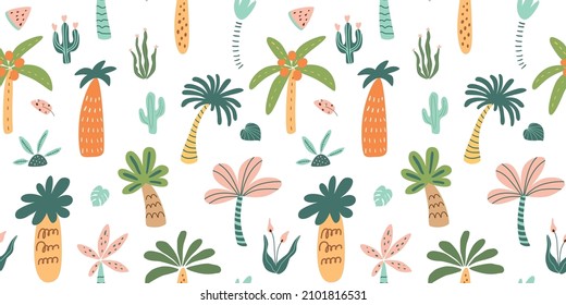 Patrón tropical infantil. Palmeras de dibujos animados, fondo de jungla, selva tropical textura repetida. Papel de pared africano, textura de safari lindo. Ilustración vectorial. Impresión natural tropical de verano.