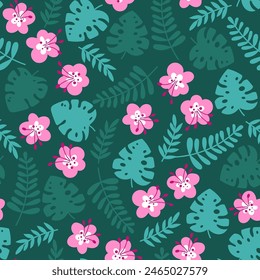 Childish tropical pattern with monstera leaves, branches and hibiscus flowers on a dark green background. Vector illustration.