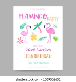 Childish Tropical Summer Design with Cute Flamingos, Palms and Flowers. Exotic Bird Card for Birthday Invitation, Baby Shower. Hand Drawn Flamingo Children Print. Vector illustration