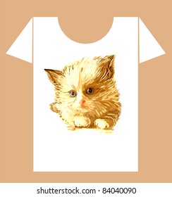 childish t-shirt design with  ginger fluffy kitten