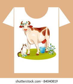 childish t-shirt design with  happy cow and cat